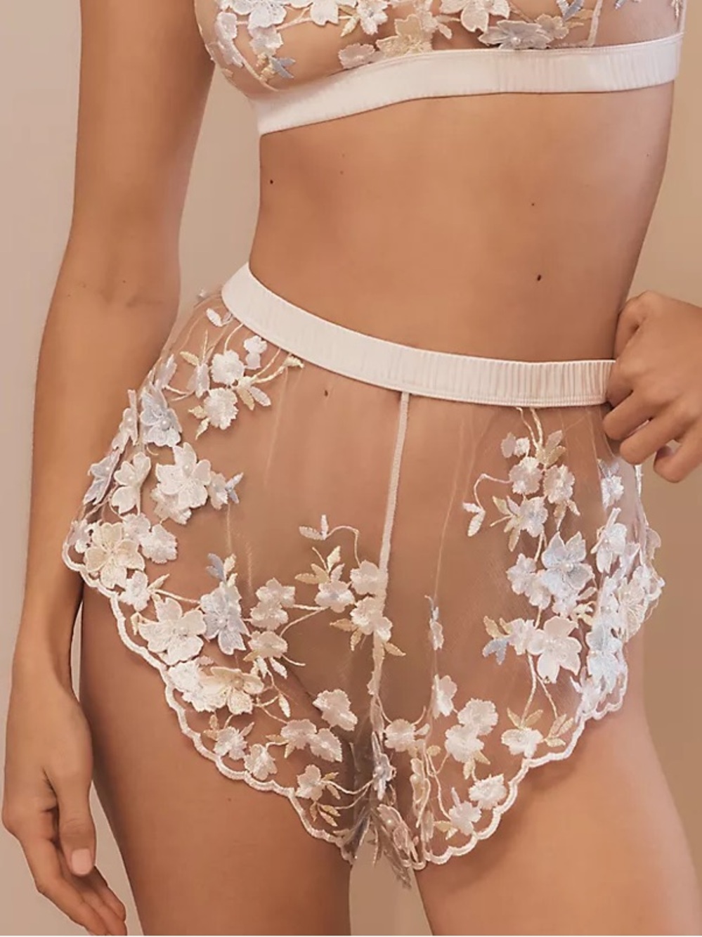Anthropologie Kilo Brava White Floral Embroidered Sheer Shorts Pearl Appliqué